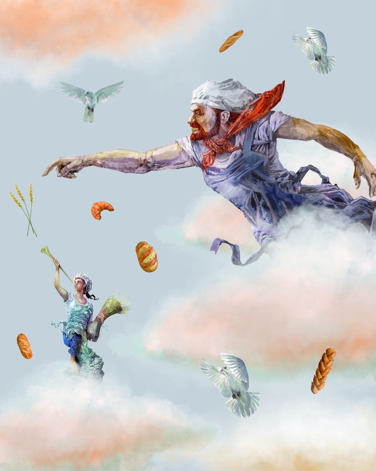 Ilustración original de Perikos: dos panaderos entre nubes rodeados de panes, trigo y palomas, en homenaje a La Creación de Adán